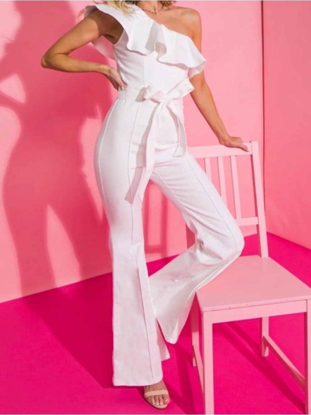 One-Shoulder Ruffle Belted Wide-Leg Jumpsuit - Picture 2 of 3